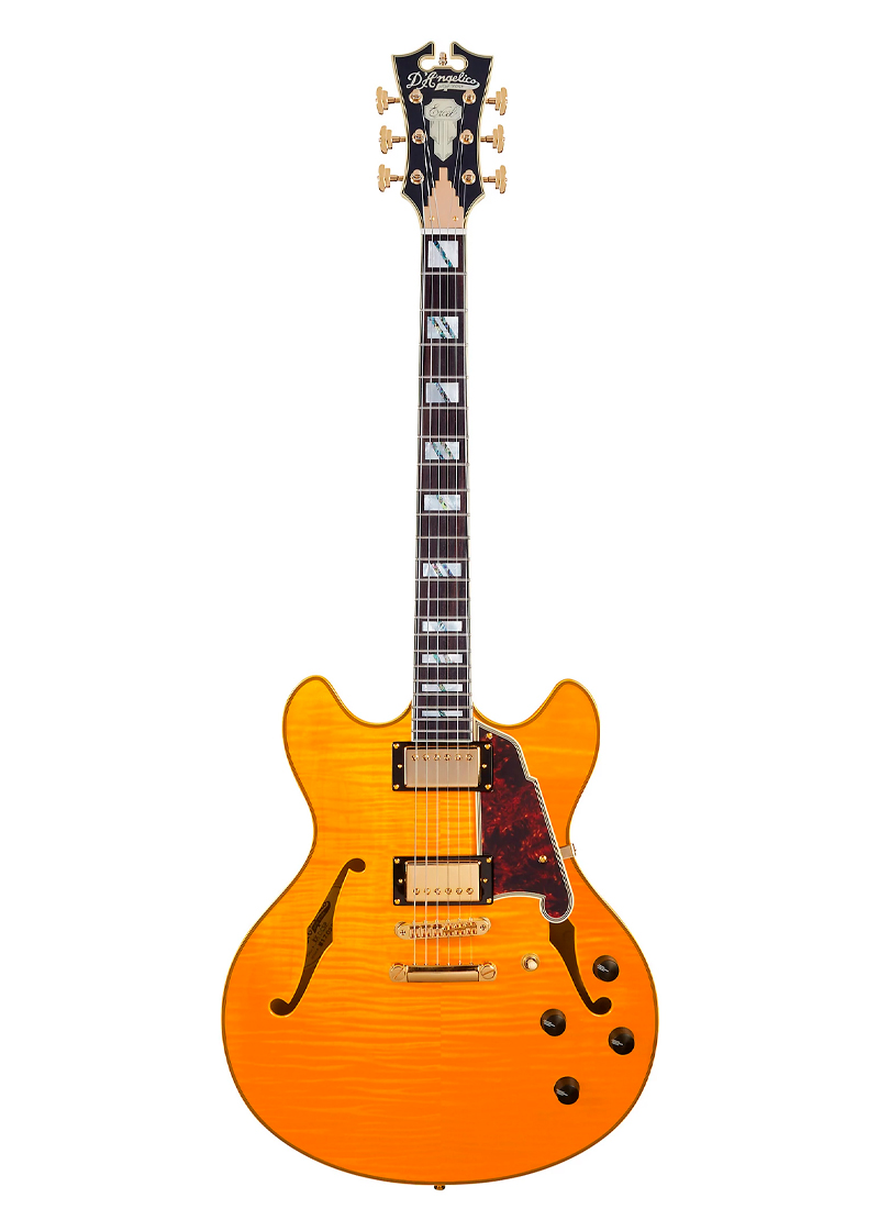 d'angelico excel series dc semi hollow electric guitar with usa seymour duncan humbuckers and stopbar tailpiece