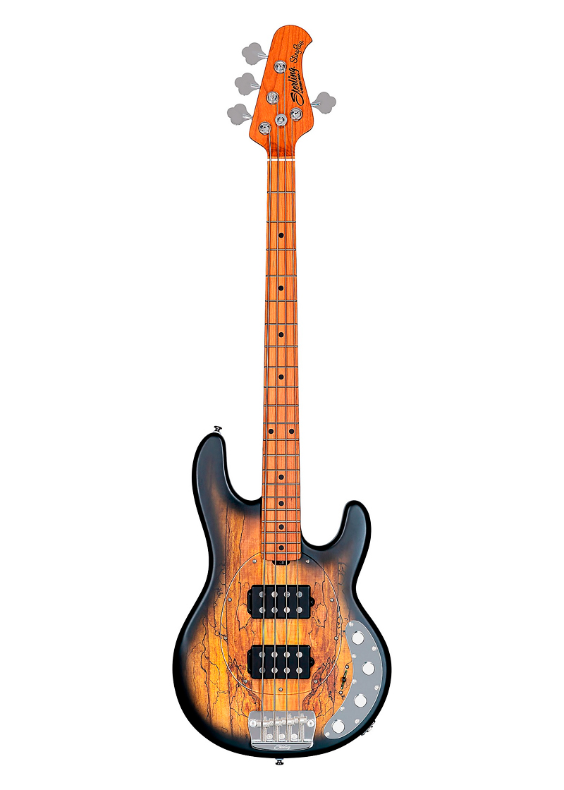 sterling by music man stingray ray34hh spalted maple top maple fingerboard electric bass natural burst satin