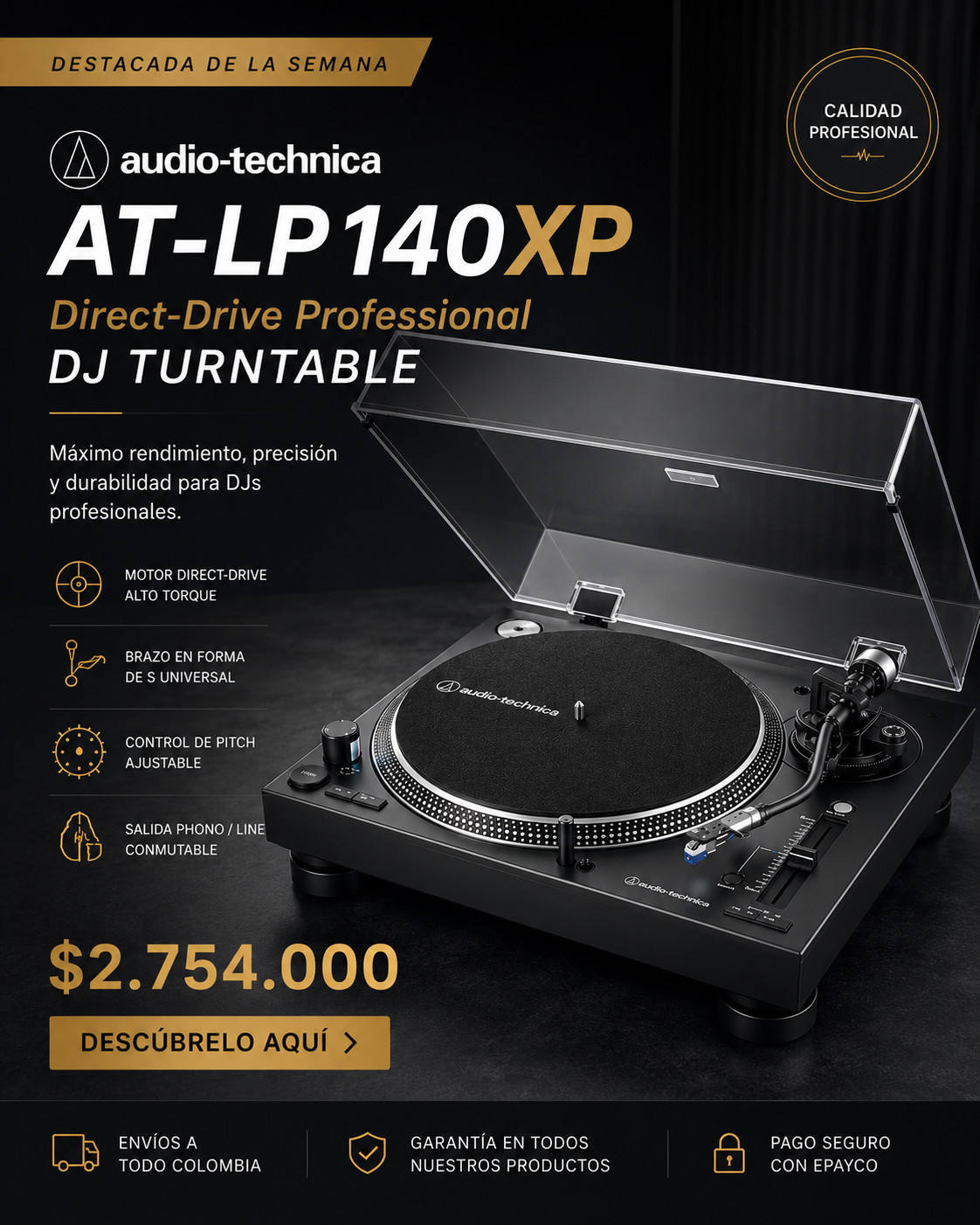 Tocadiscos profesional Audio-Technica AT-LP140XP negro