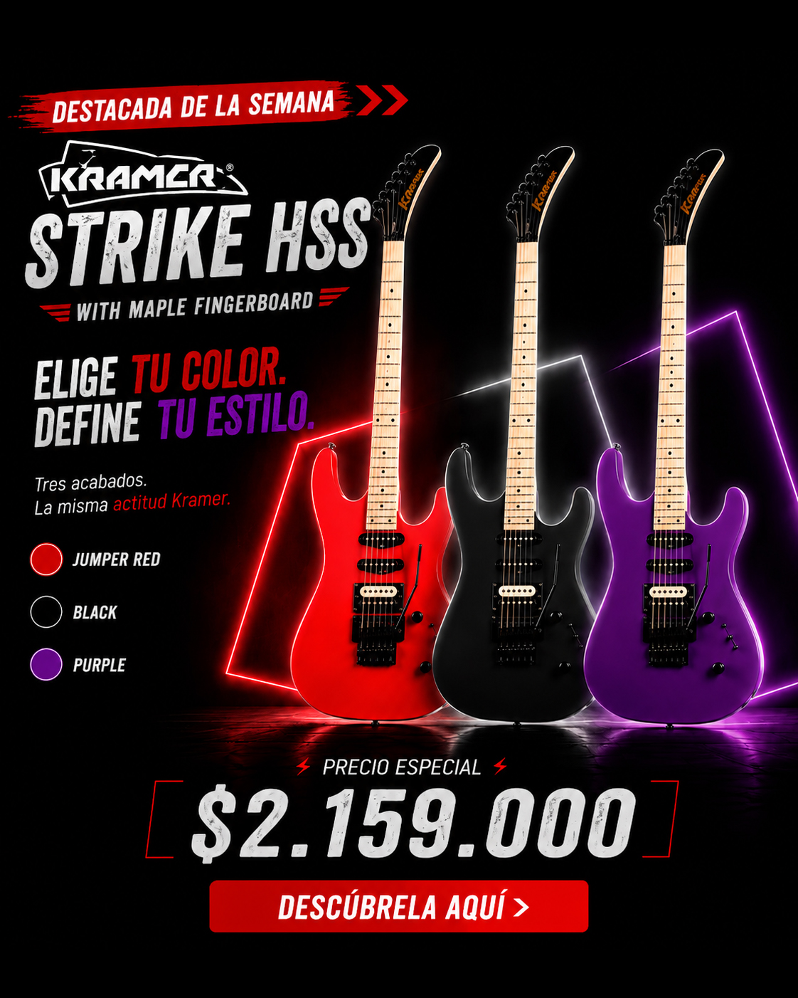 Tres guitarras eléctricas Kramer Strike HSS