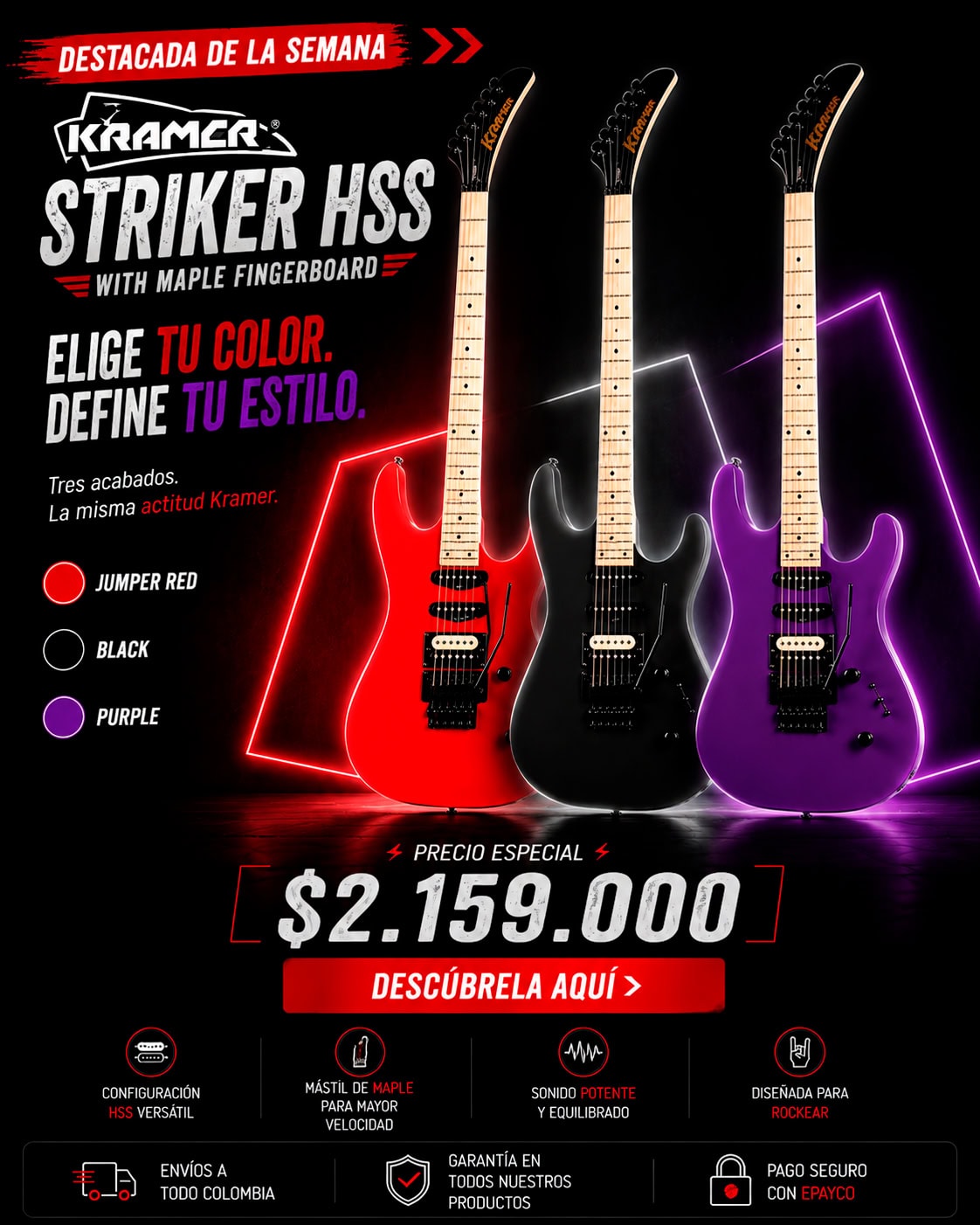 Tres guitarras eléctricas Kramer Striker HSS de colores