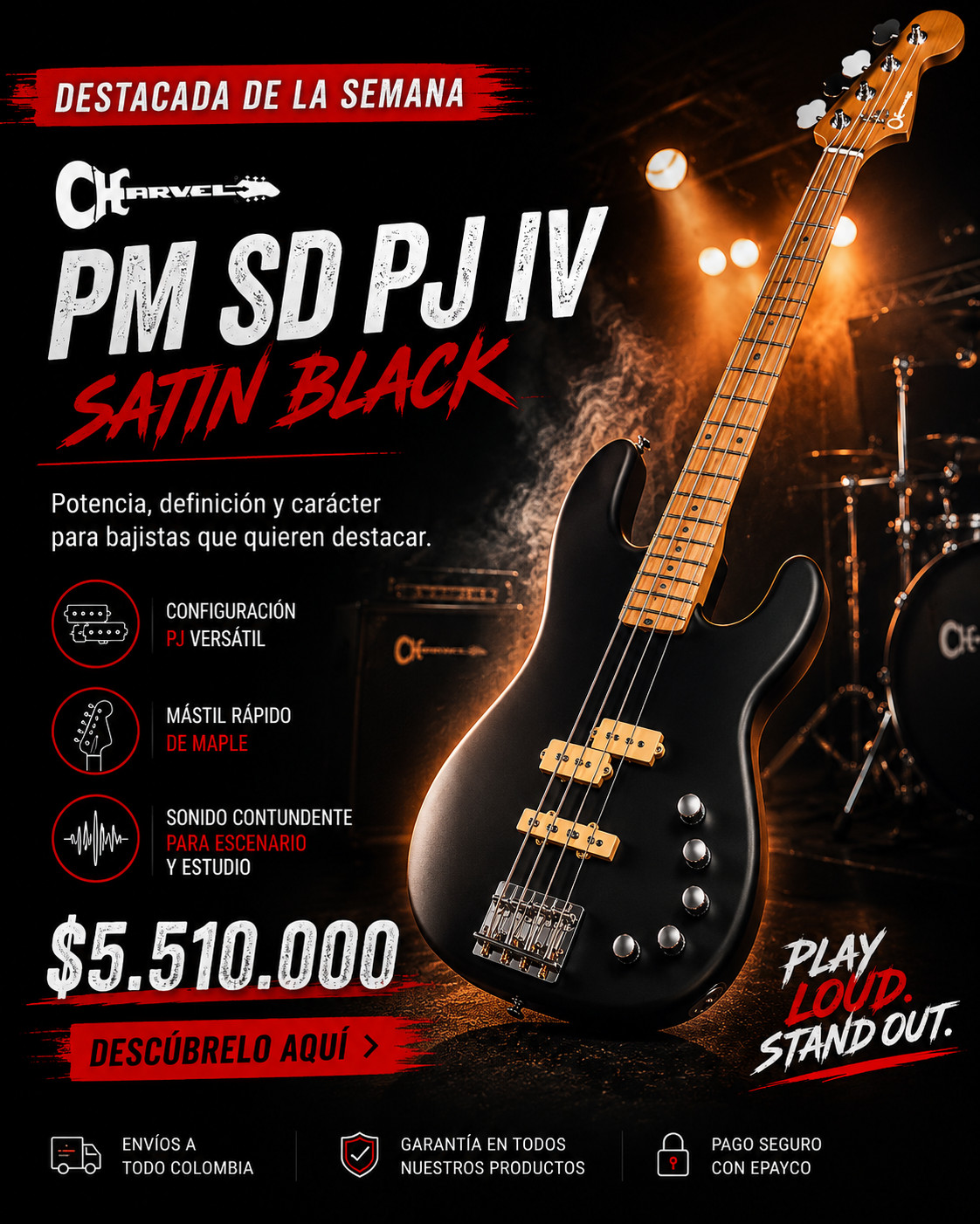 Bajo eléctrico Charvel PM SD PJ IV negro