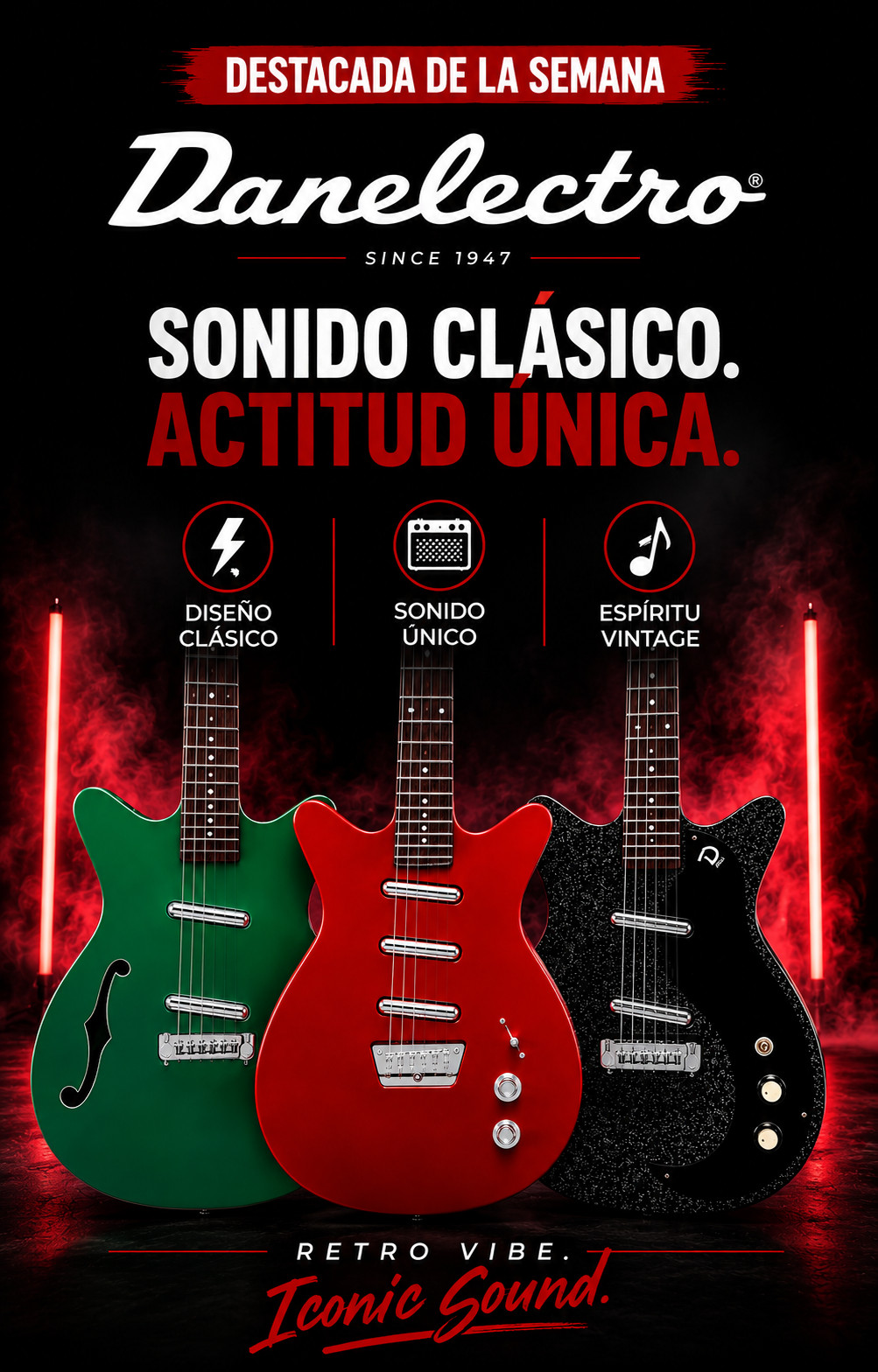 Tres guitarras Danelectro con diseño retro sobre fondo rojo