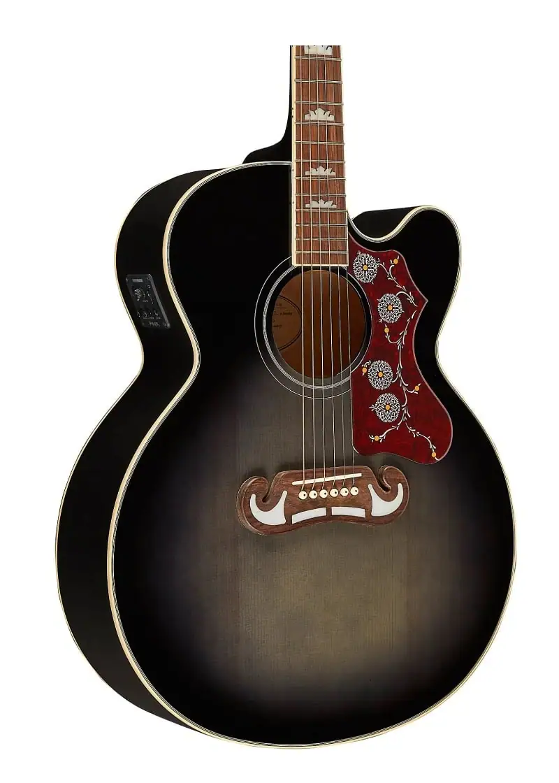 epiphone j 200 ec studio acoustic electric guitar Guitarra electroacústica Epiphone J-200 EC Studio detalle del cuerpo Transparent Ebony Burst