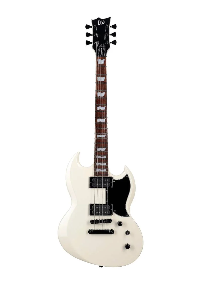 Guitarra eléctrica blanca tipo SG con humbuckers