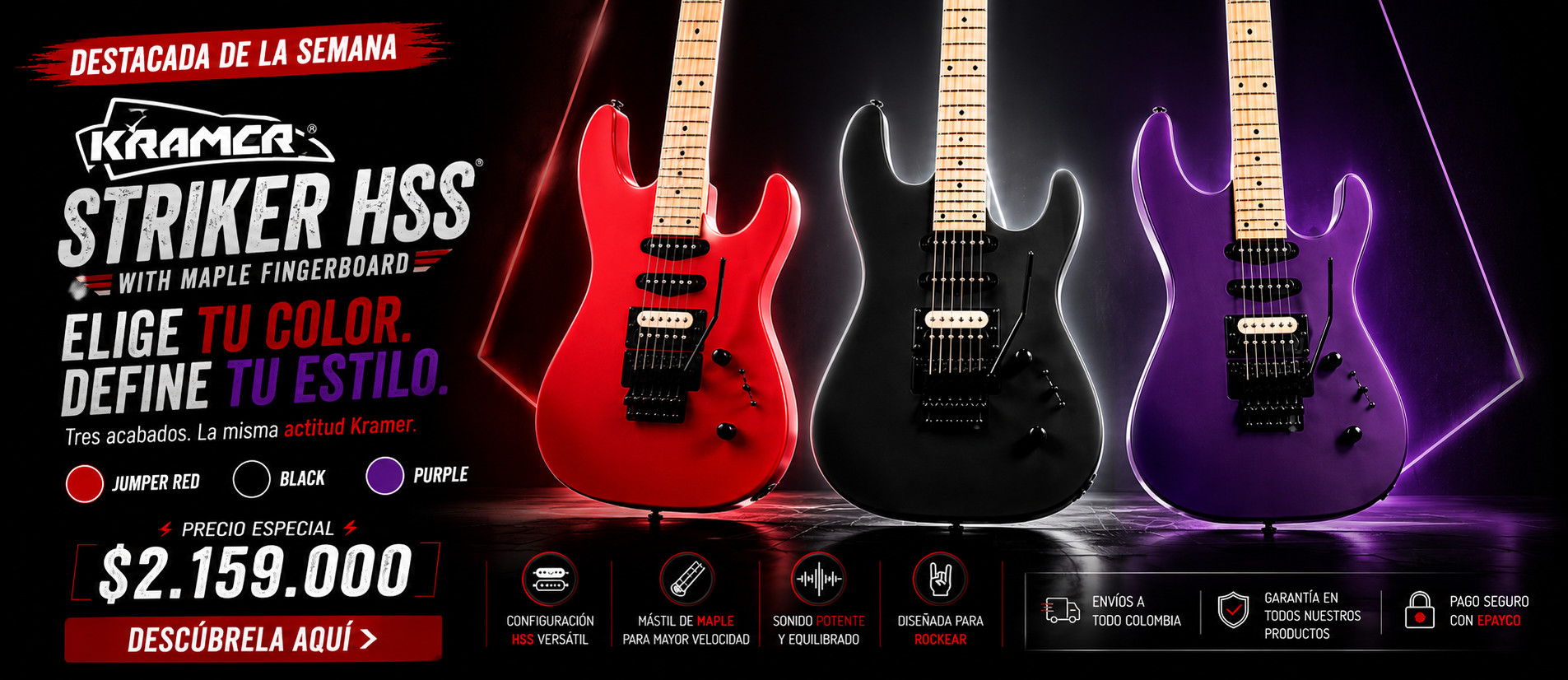 Tres guitarras eléctricas Kramer Striker HSS en colores