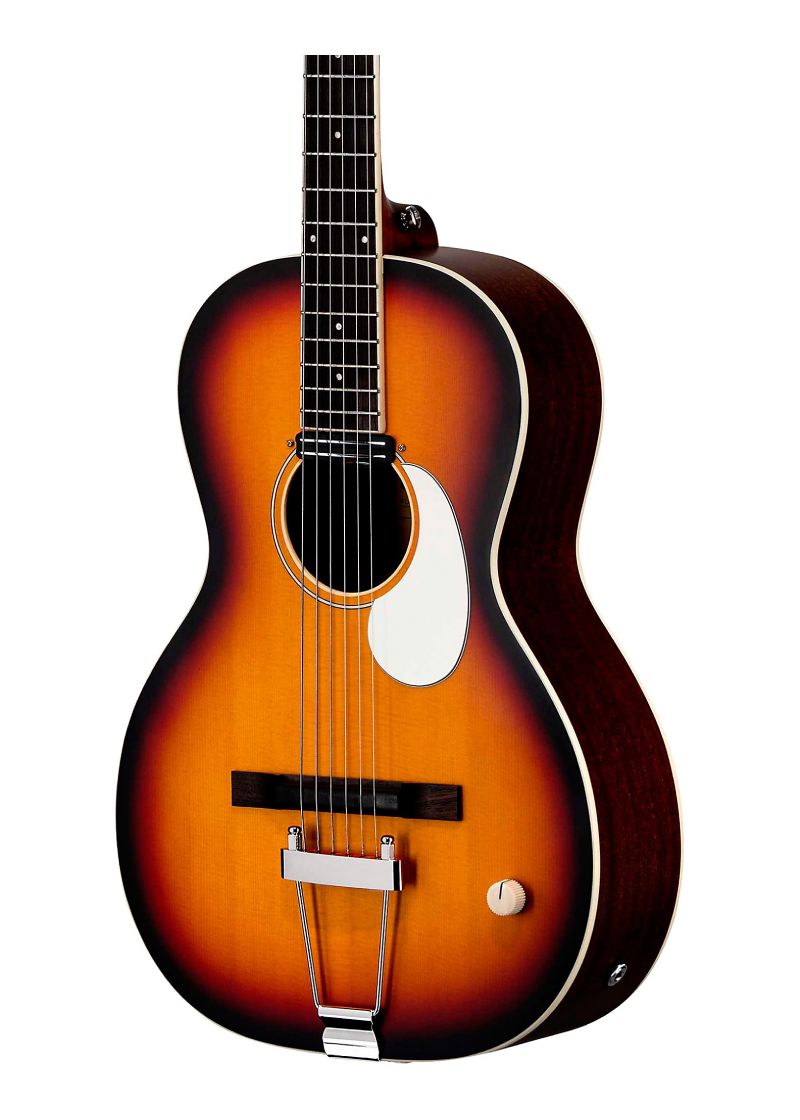 orangewood juniper rubber bridge parlor acoustic electric guitar Guitarra electroacústica Orangewood Juniper detalle del cuerpo 3-Tone Sunburst