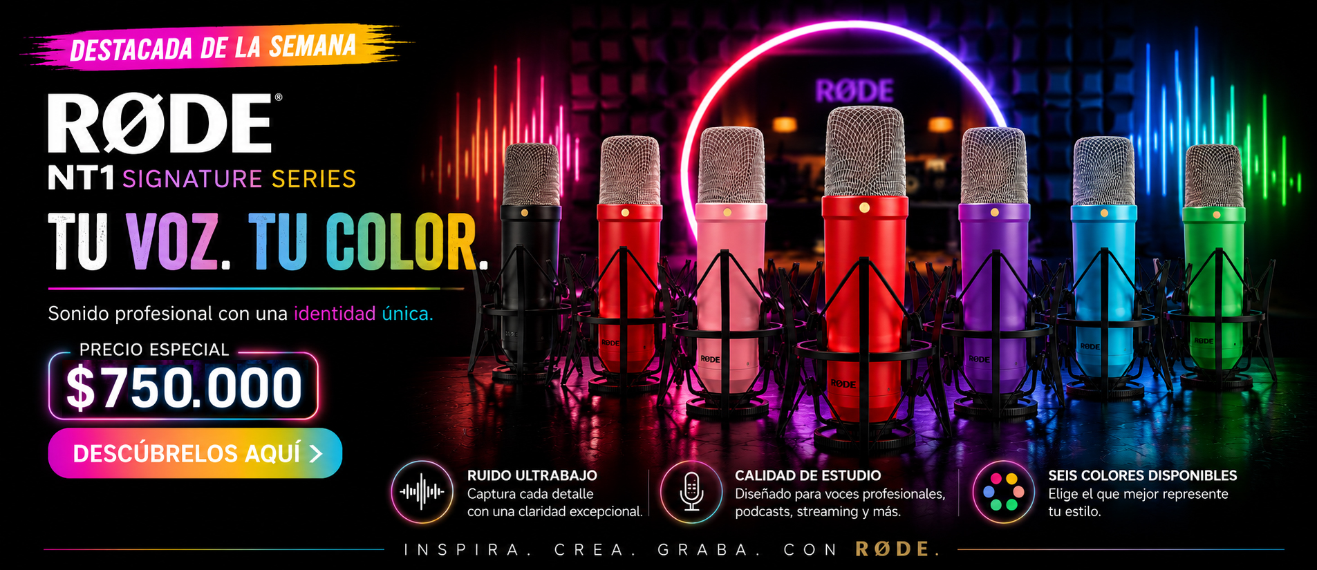 Micrófonos RØDE NT1 de colores con luces neón