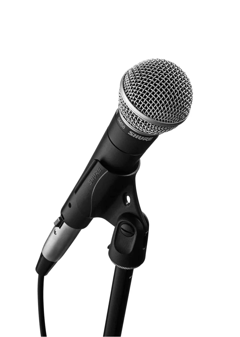 shure sm58s micrófono dinámico de voz Micrófono Shure SM58S detalle de rejilla esférica de acero sobre soporte