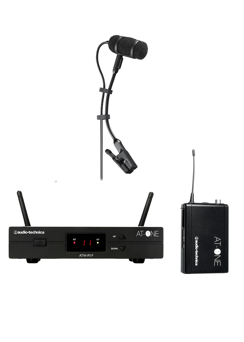 audio technica atw 11 wireless system + pro35cw cardioid condenser clip on instrument microphone (pack)