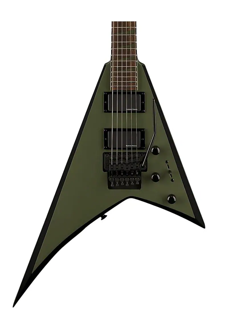 jackson x series rhoads rrx24 electric guitar Guitarra eléctrica Jackson Rhoads RRX24 detalle del cuerpo Matte Army Drab with Black Bevels