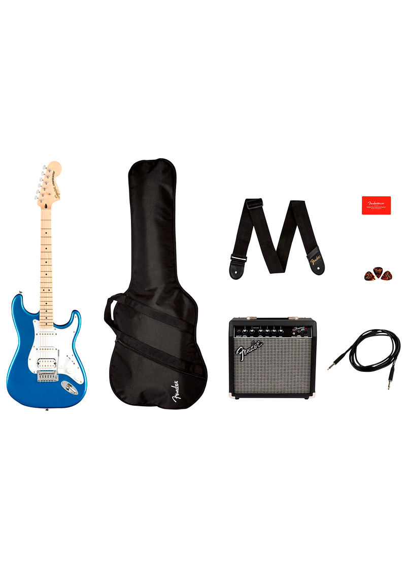 squier affinity series stratocaster hss electric guitar pack with fender frontman 15g amp lake placid blue