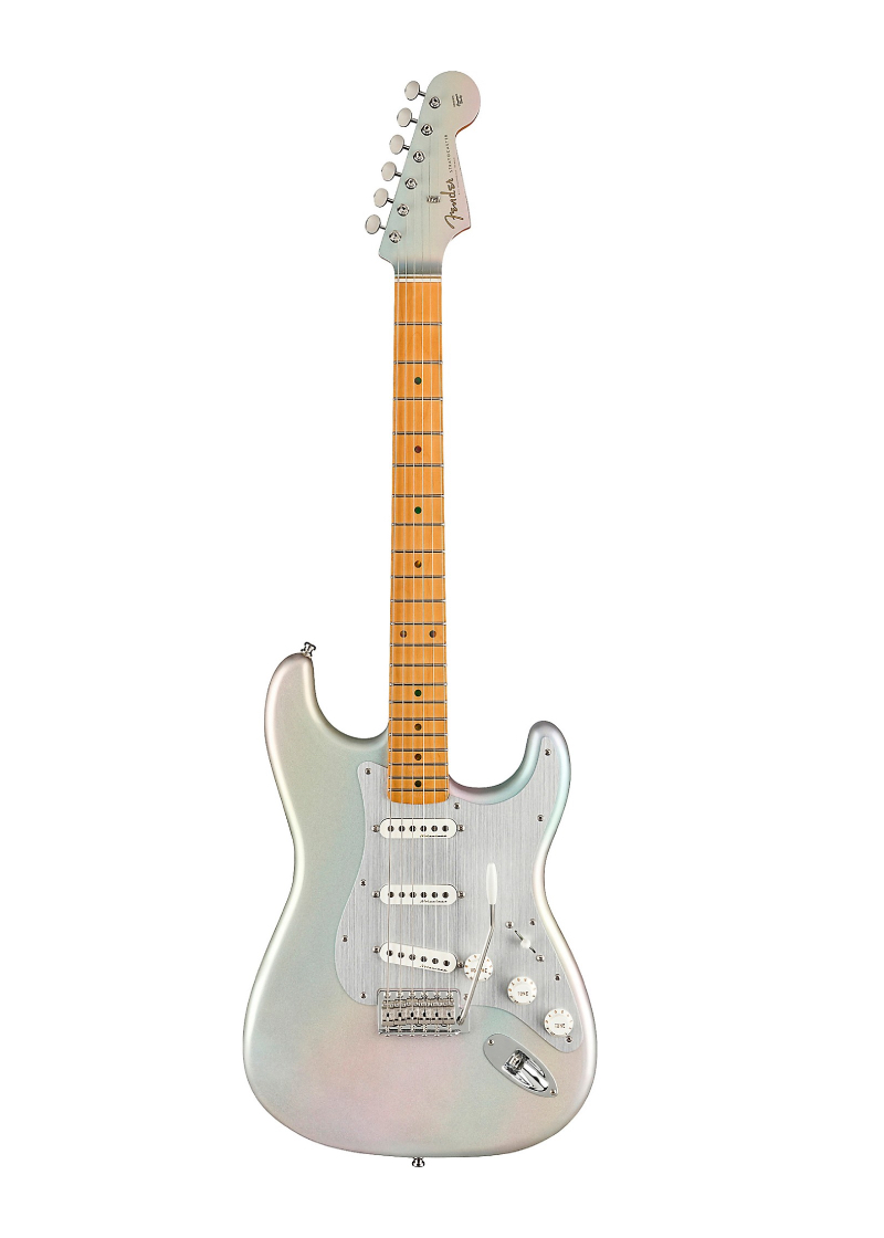 fender h.e.r. stratocaster electric guitar chrome glow