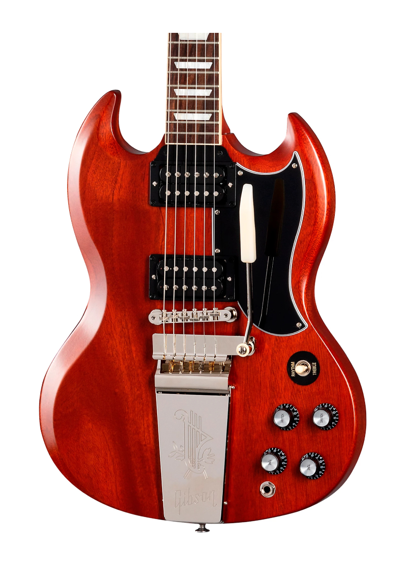 gibson sg standard '61 faded maestro vibrola electric guitar vintage cherry Guitarra eléctrica Gibson SG Standard 61 Faded detalle del cuerpo Vintage Cherry