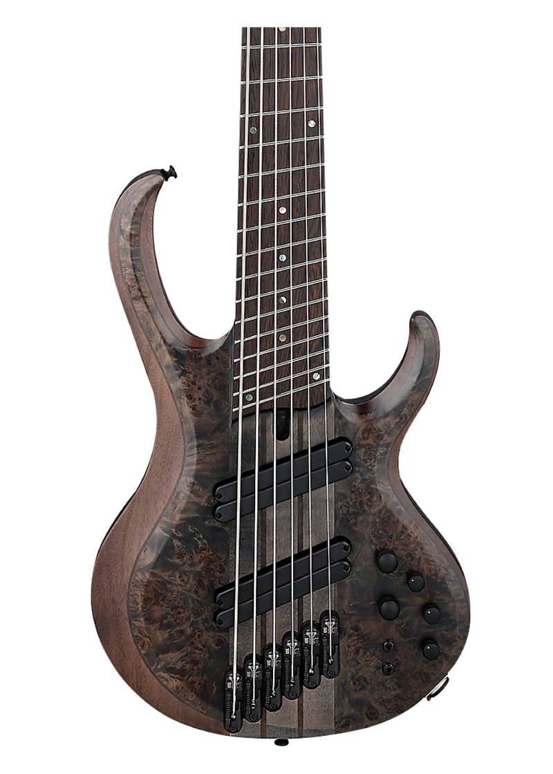 ibanez btb806ms 6 string multi scale electric bass transparent gray flat Bajo eléctrico Ibanez BTB806MS detalle del cuerpo Poplar Burl Transparent Gray Flat