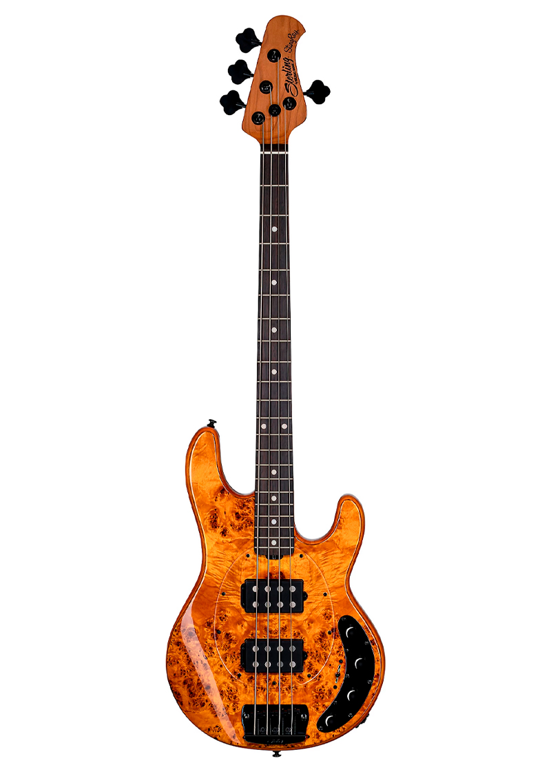 sterling by music man stingray ray34 hh poplar burl top bass amber