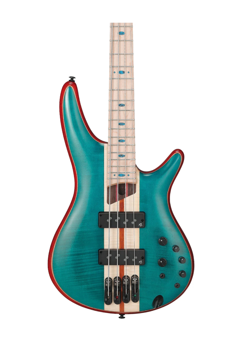 ibanez premium sr1420b 4 string electric bass guitar caribbean green low gloss Bajo eléctrico Ibanez SR1420B detalle del cuerpo Flamed Maple Caribbean Green Low Gloss