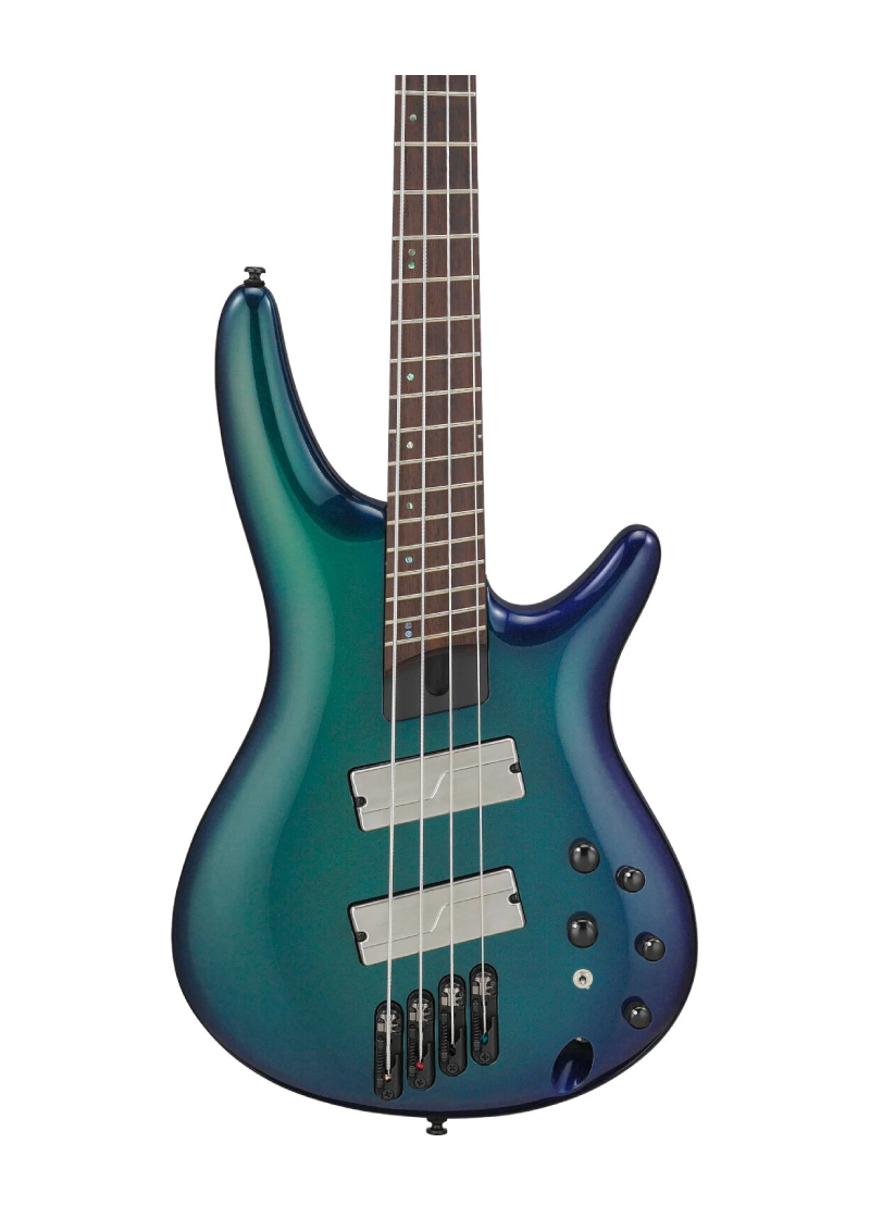ibanez srms720 4 string multi scale electric bass guitar blue chameleon Bajo eléctrico Ibanez SRMS720 detalle del cuerpo Poplar Burl Blue Chameleon