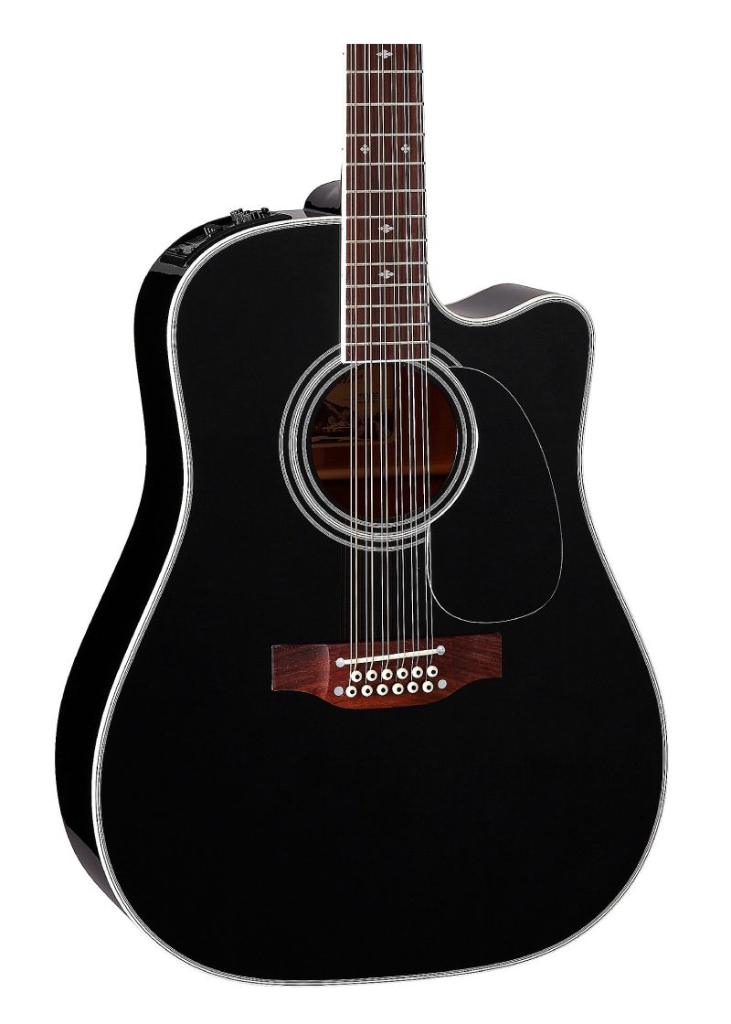 takamine ef381sc 12 string dreadnought cutaway acoustic electric guitar black Guitarra electroacústica Takamine EF381SC detalle del cuerpo.