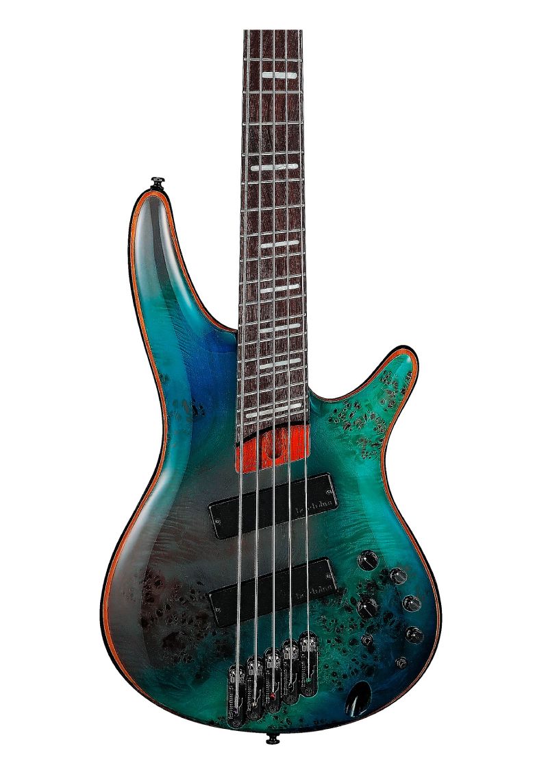 ibanez bass workshop srms805 multi scale 5 string electric bass Bajo eléctrico Ibanez SRMS805 detalle del cuerpo con tapa Poplar Burl Tropical Seafloor
