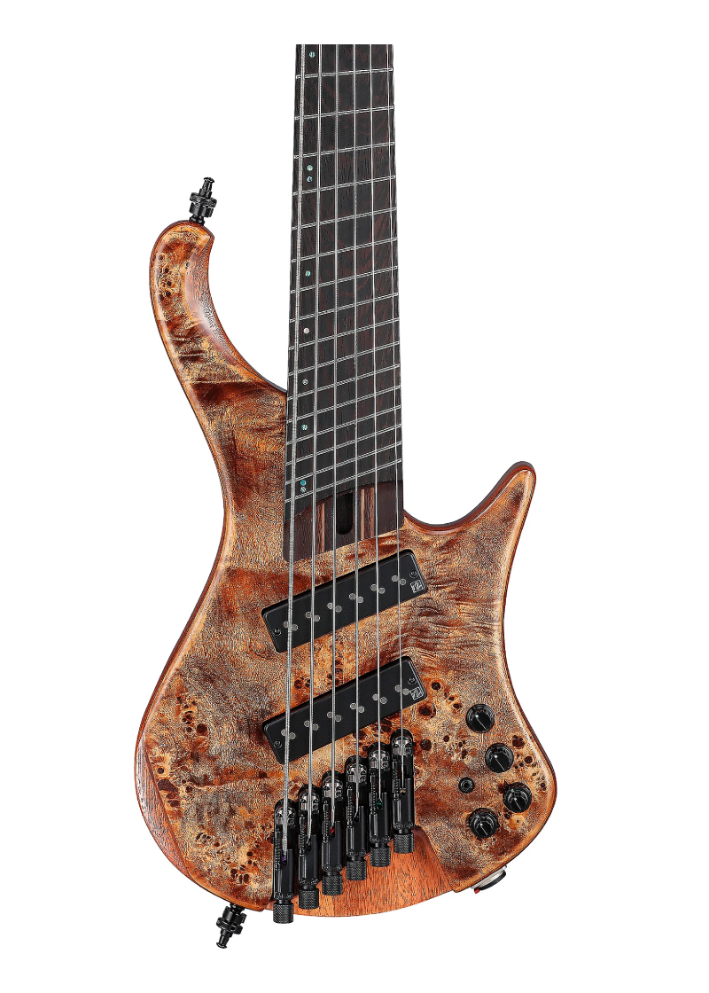 ibanez ehb1506ms 6 string multi scale ergonomic headless bass antique brown stained low gloss Bajo eléctrico Ibanez EHB1506MS detalle del cuerpo ergonómico Poplar Burl Antique Brown Stained Low Gloss