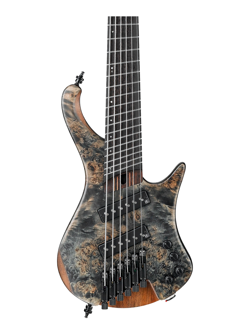 ibanez ehb1506ms 6 string multi scale ergonomic headless bass antique brown stained low gloss Bajo eléctrico Ibanez EHB1506MS detalle del cuerpo ergonómico Poplar Burl Black Ice Flat