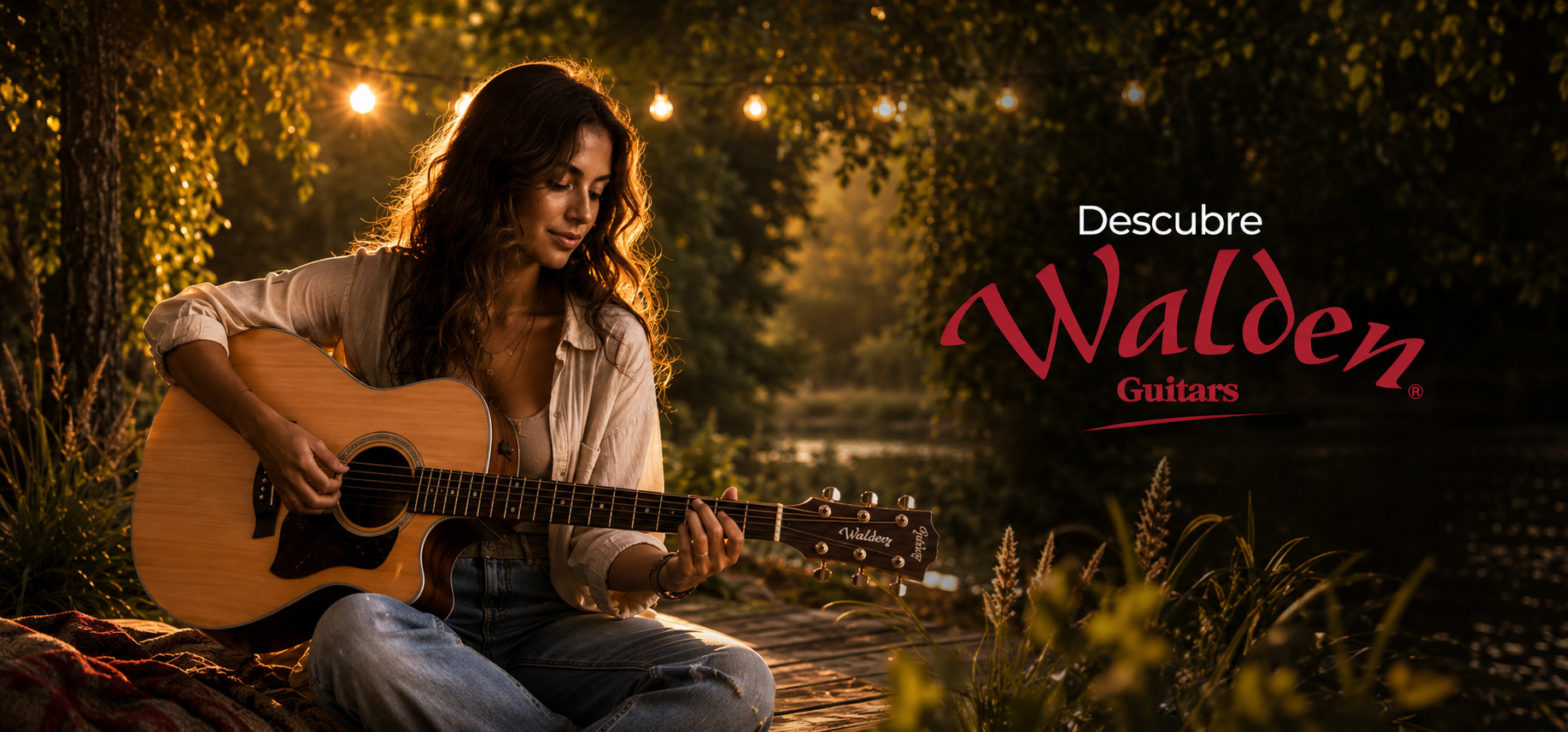 Mujer tocando guitarra acústica al atardecer