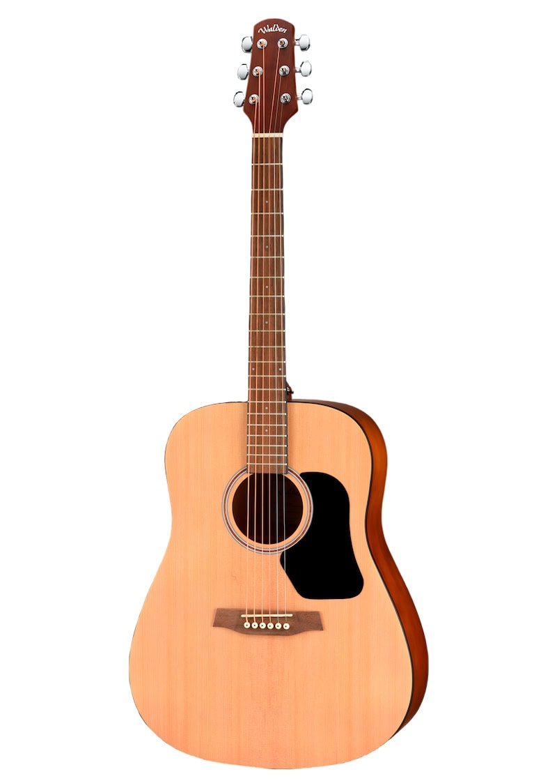 Guitarra acústica de madera natural con golpeador negro