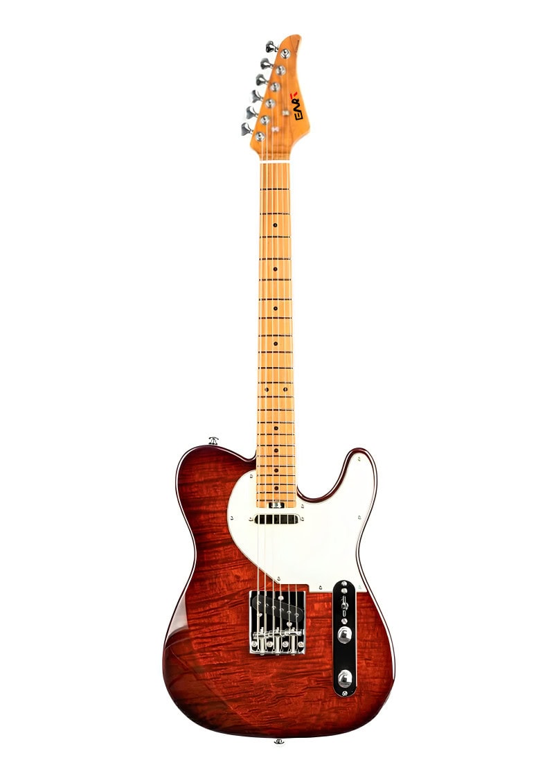 Guitarra eléctrica tipo Telecaster de acabado rojo veteado