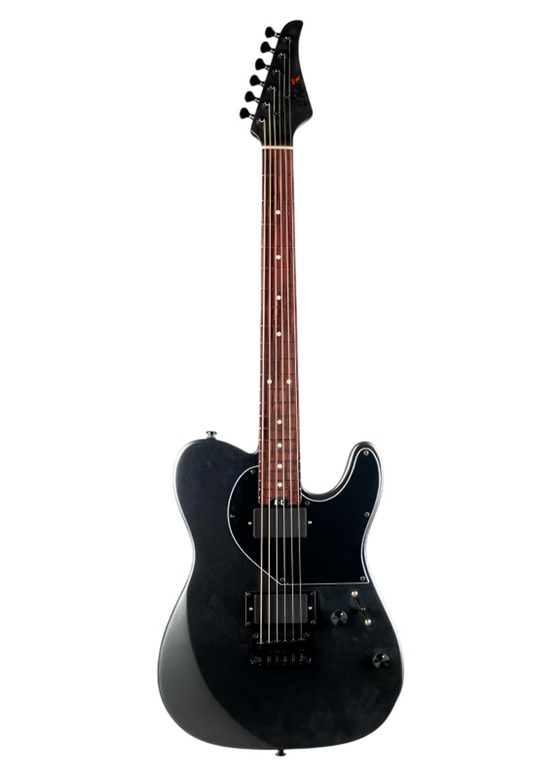 Guitarra eléctrica negra de siete cuerdas sobre fondo blanco
