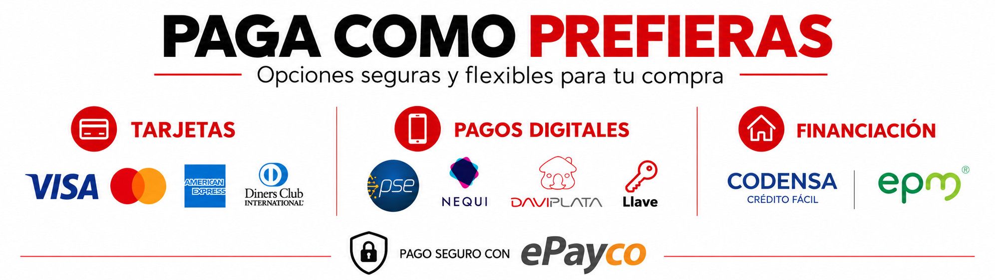 Opciones de pago con tarjetas, billeteras digitales y financiación