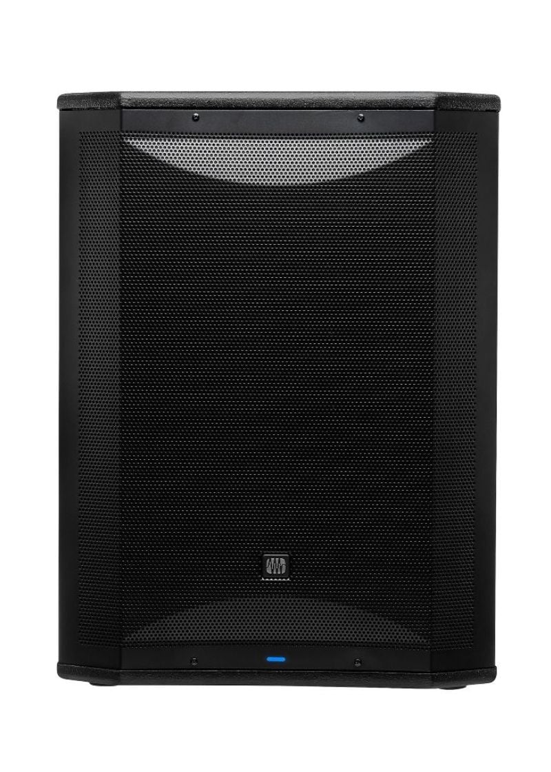 Altavoz profesional negro con rejilla metálica frontal