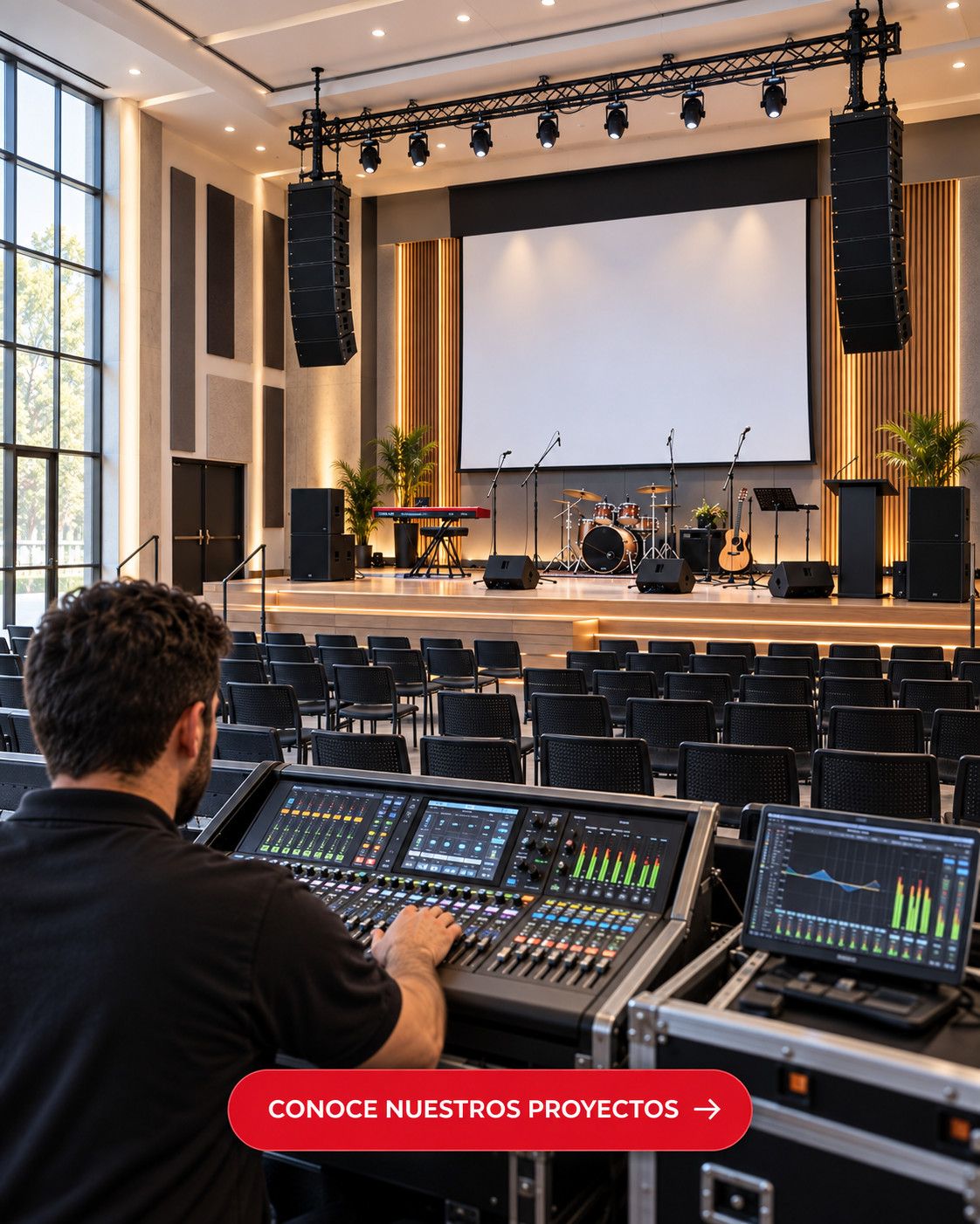 Técnico de sonido controla un escenario de auditorio