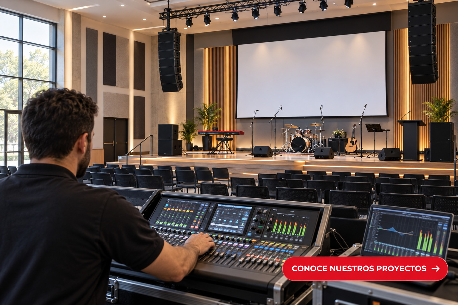Técnico de sonido en auditorio con escenario equipado